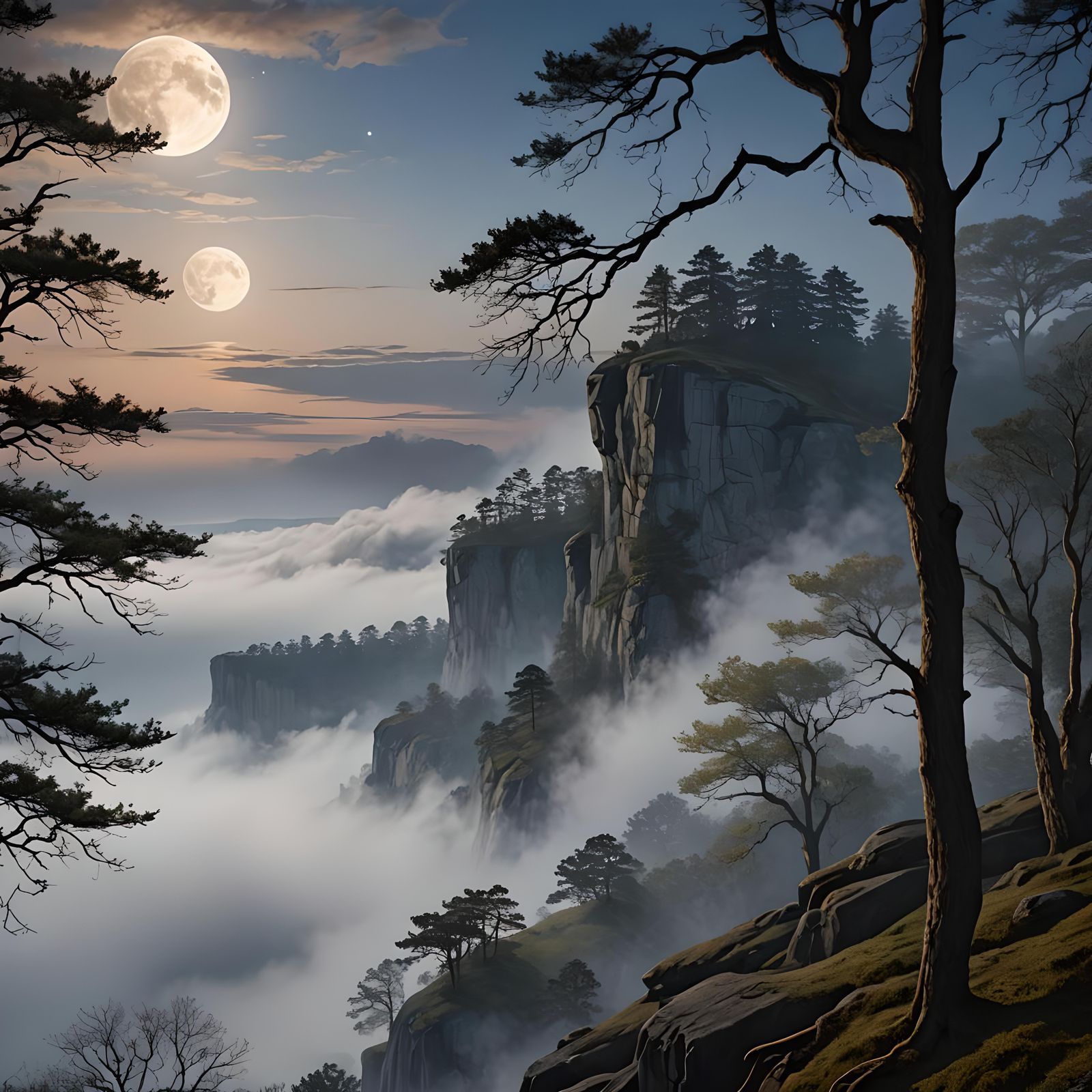 Moon Rising Over Cliff in Misty Landscape