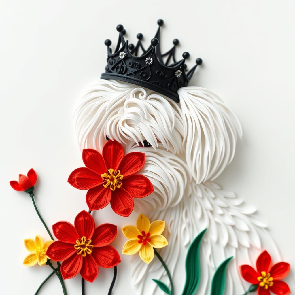 Whimsical Paper Quilling of a White Maltese Dog in a Floral ...
