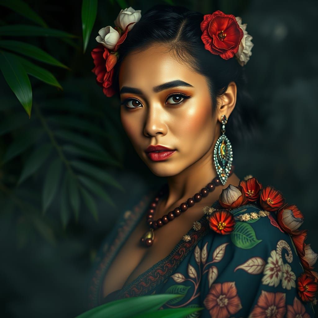 Hawaiian Woman in Intricately Detailed Holoku Gown