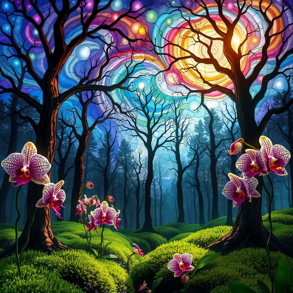 Stained Glass Forest with Nebulae Sky