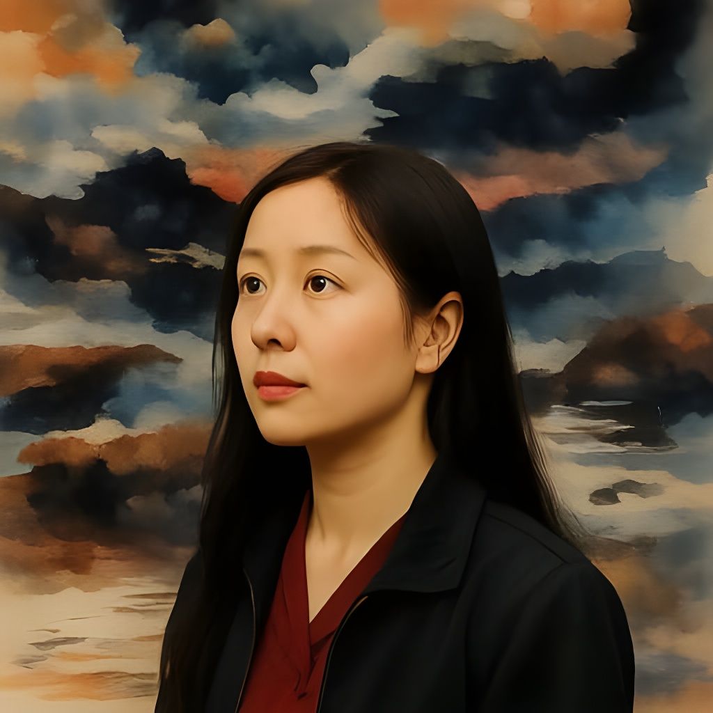 Japanese Woman with Fan in Chinese Garden Watercolor Paintin...