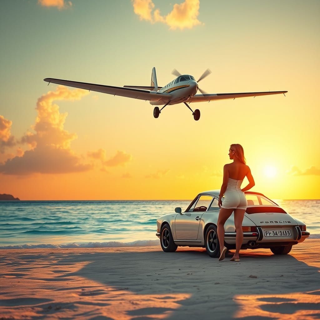 Sleek Biplane Soars Above Turquoise Beach at Sunset with Por...