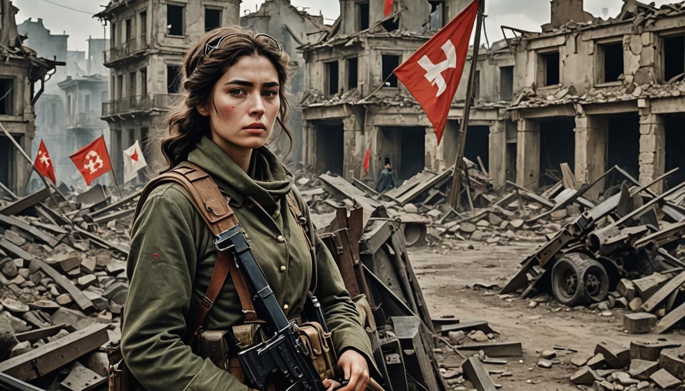 Sad Revolutionary Soldier in Futuristic Ruined City