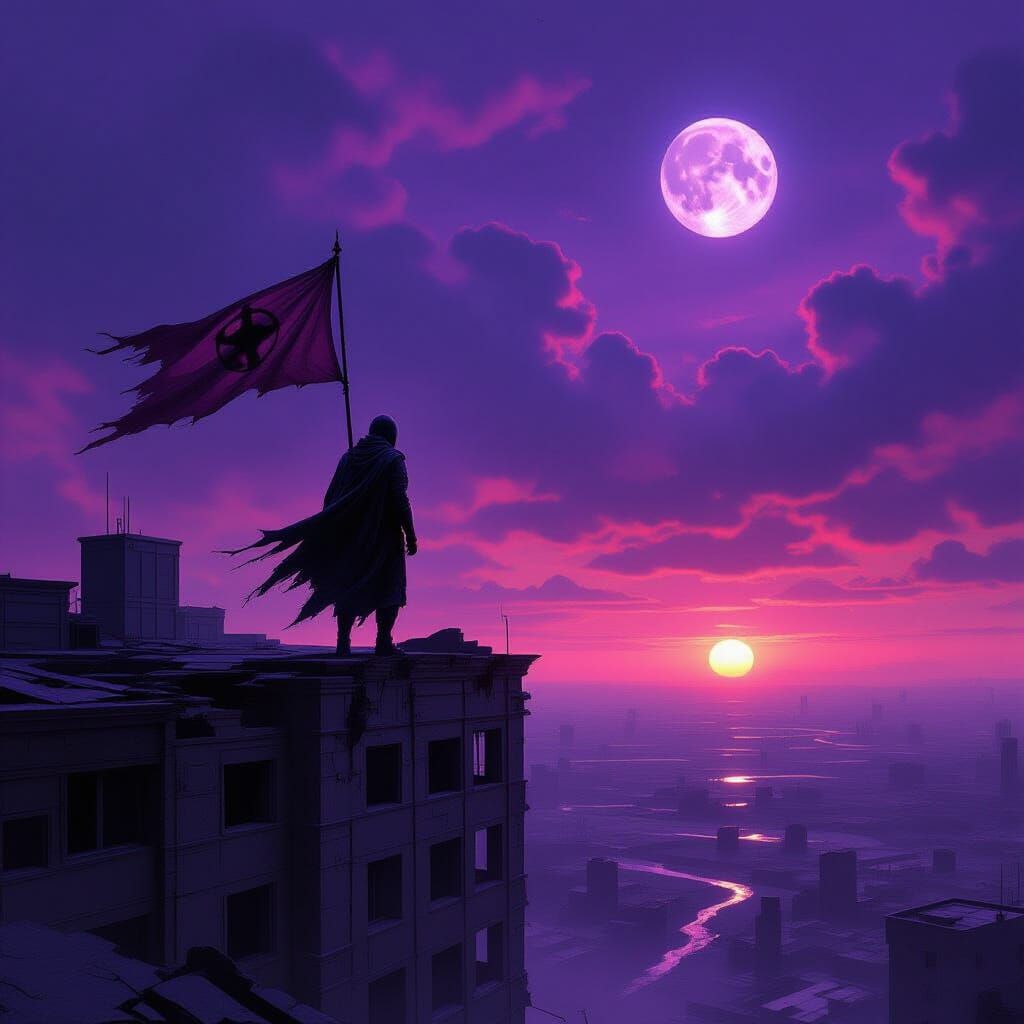 Lone Figure Overlooks Desolate Wasteland Under Twin Moons