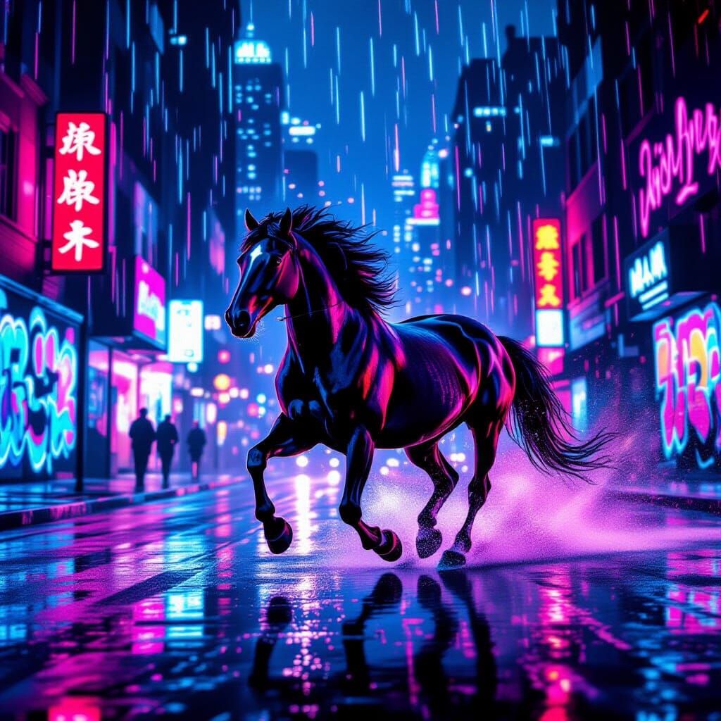 Graffiti art style. Medium shot. A lone horse gallops throug...