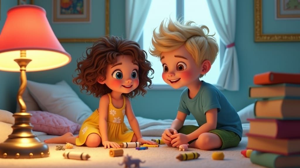 Children Playing in Whimsical Bedroom, Matte Painting