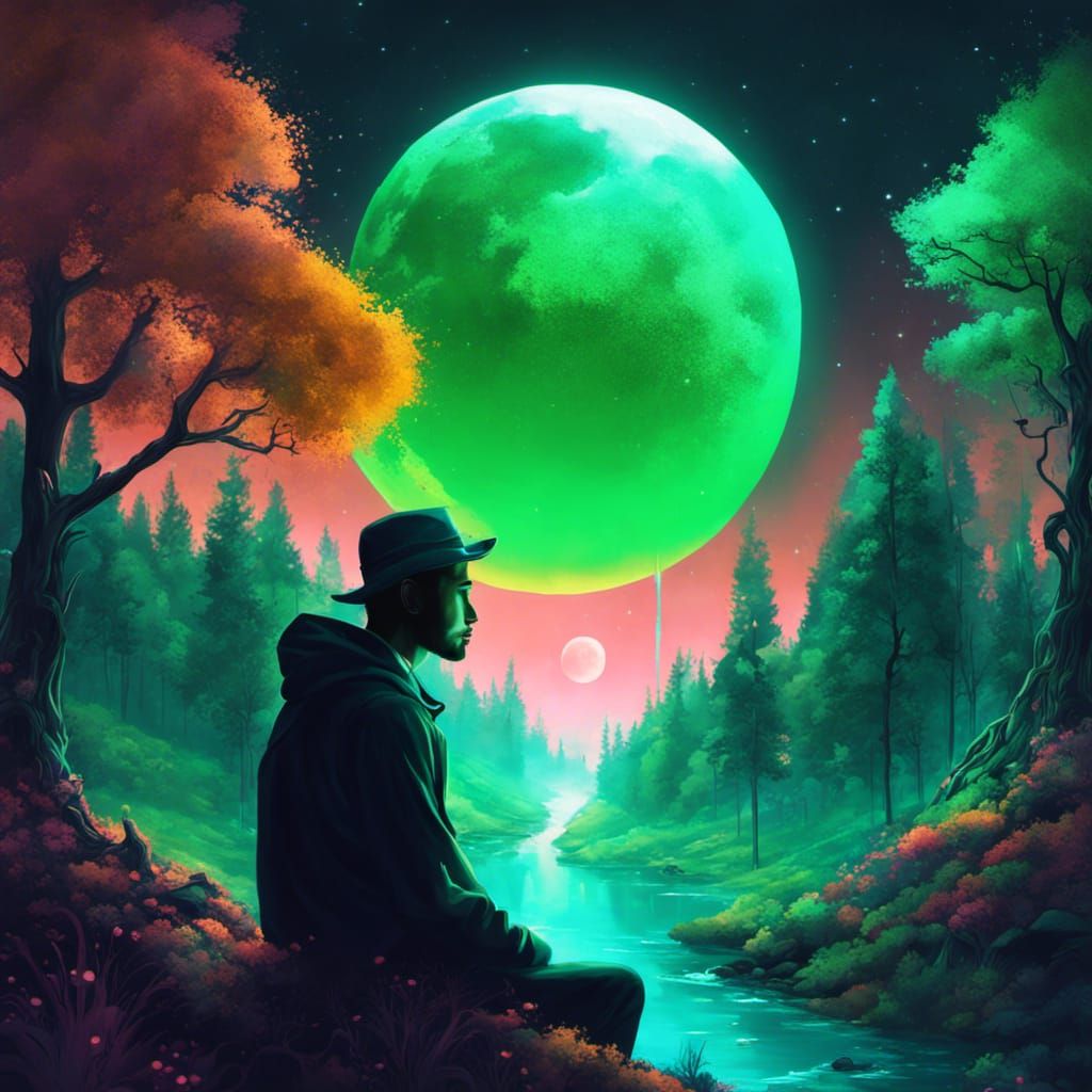 Pensive Man Under Luminous Moon: Psychedelic Splash Art