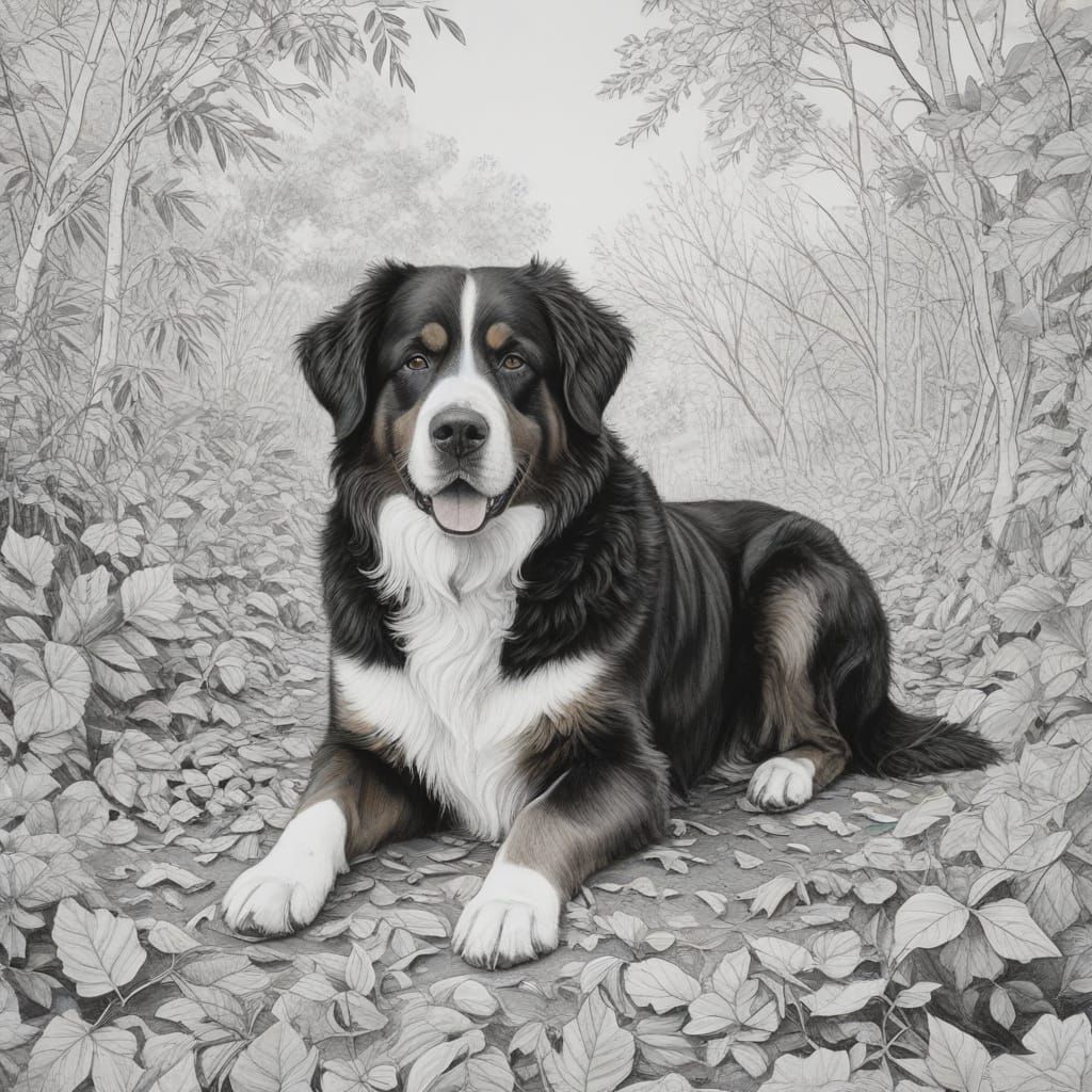 Pencil Sketch of Bernese Mountain Dog with Autumn Leaves