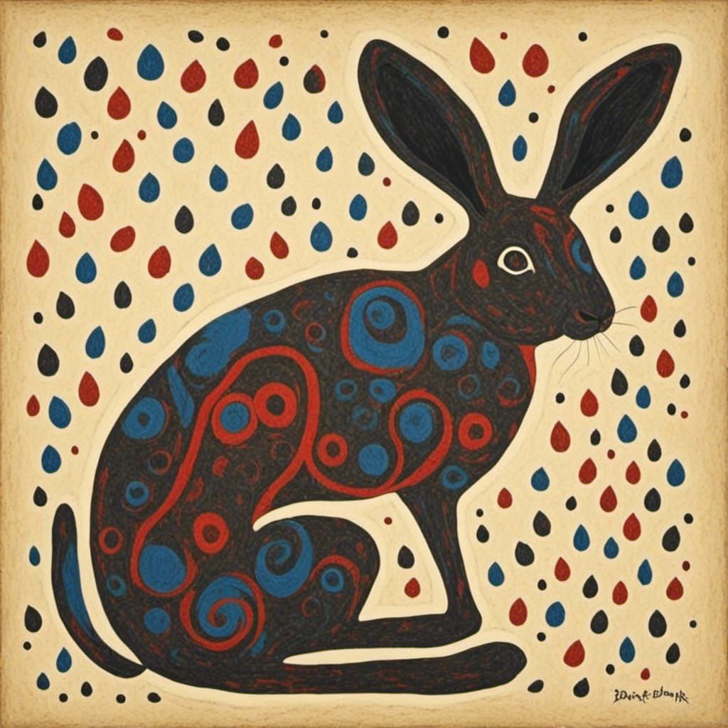 Rabbit Drawing in Folk Art Style with Triadic Colors