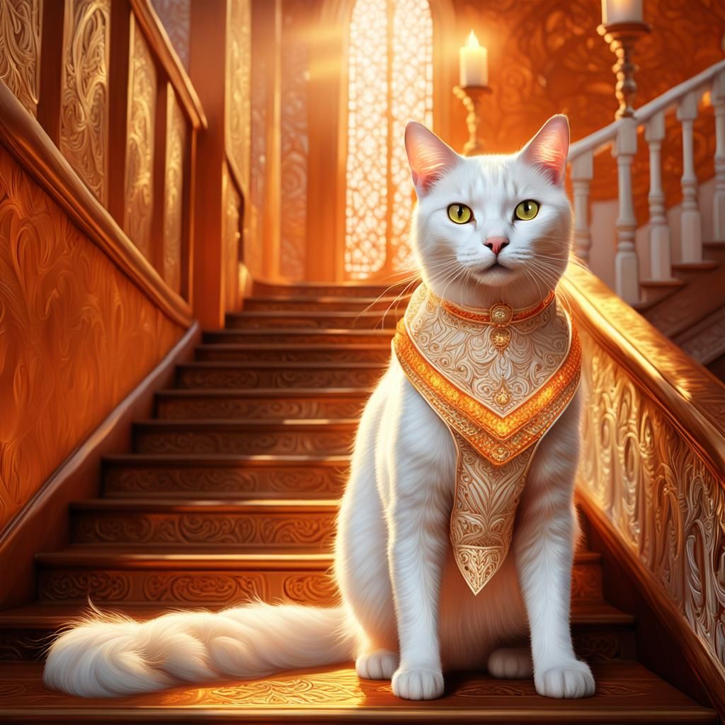 Cat in Orange Gown on Majestic Staircase