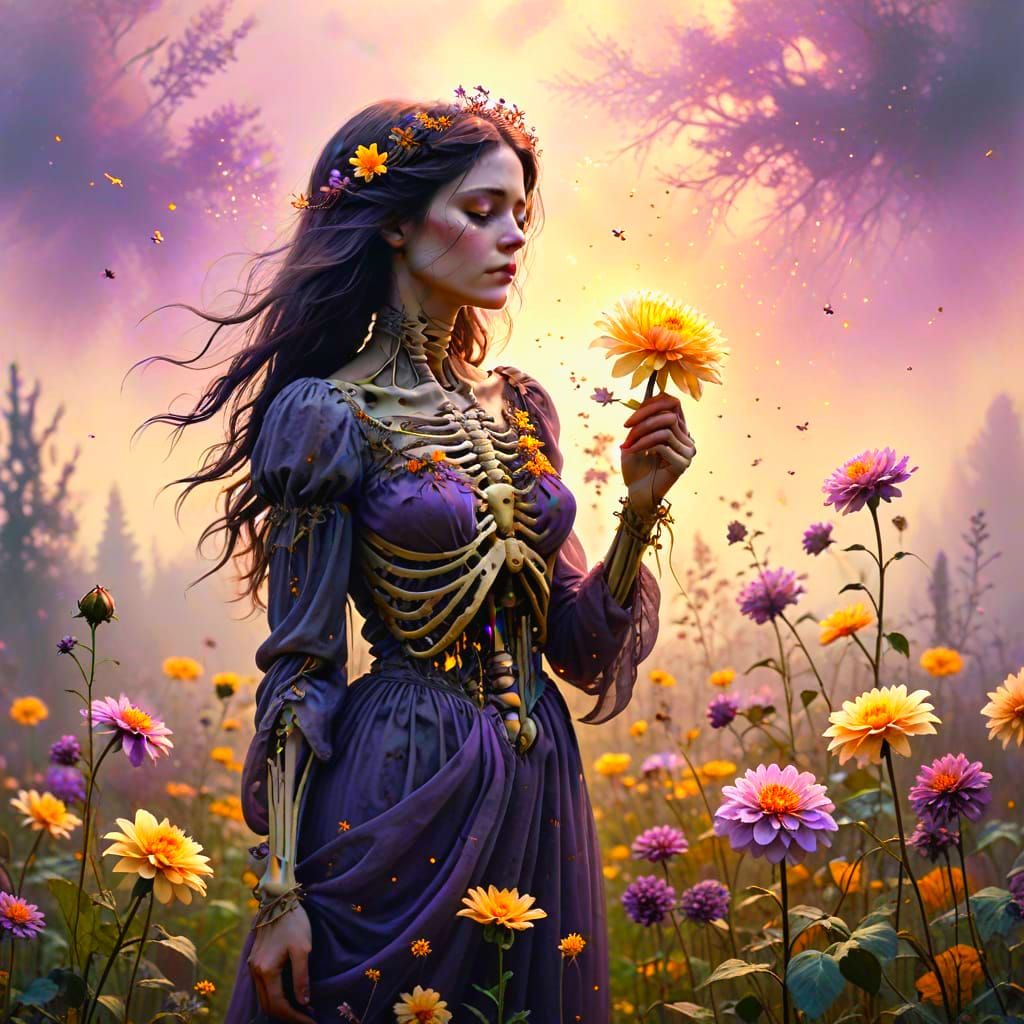 Melancholy Woman Accepts Dahlia from Skeleton in Fantasy Sty...