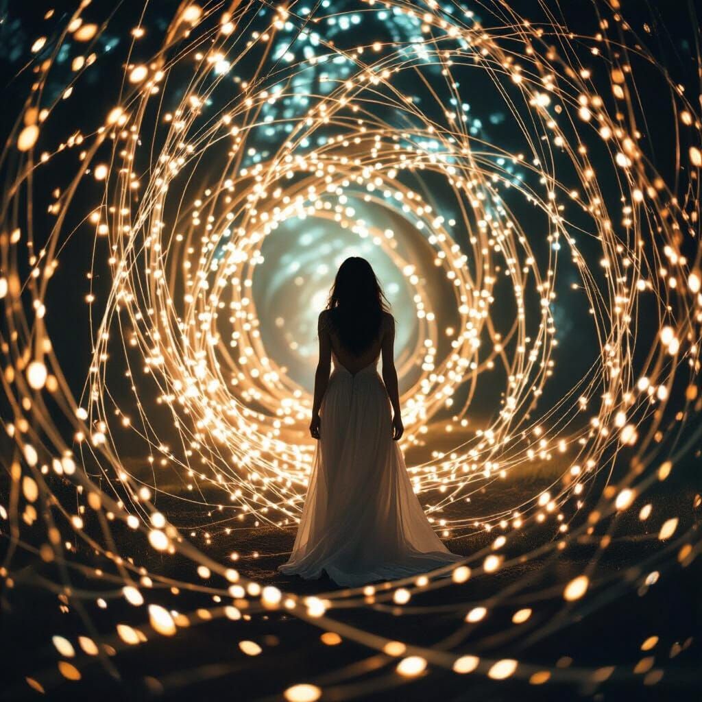 Woman in Luminous Threads of Love, Pain, and Freedom