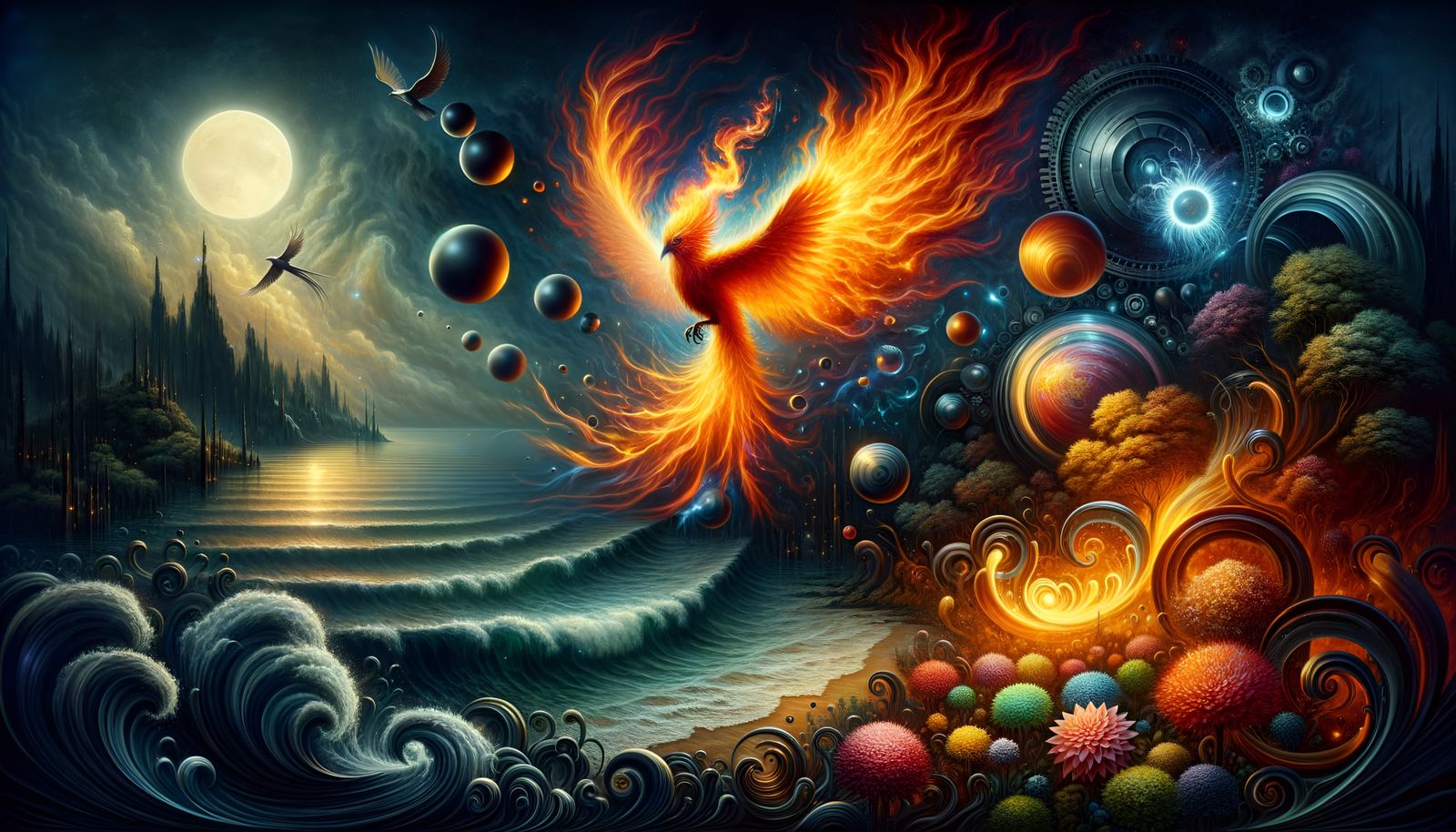 Flaming Bird Soaring Over Apocalyptic Shoreline