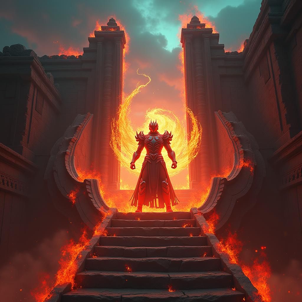 Kamen Rider in Flames on Ancient Temple