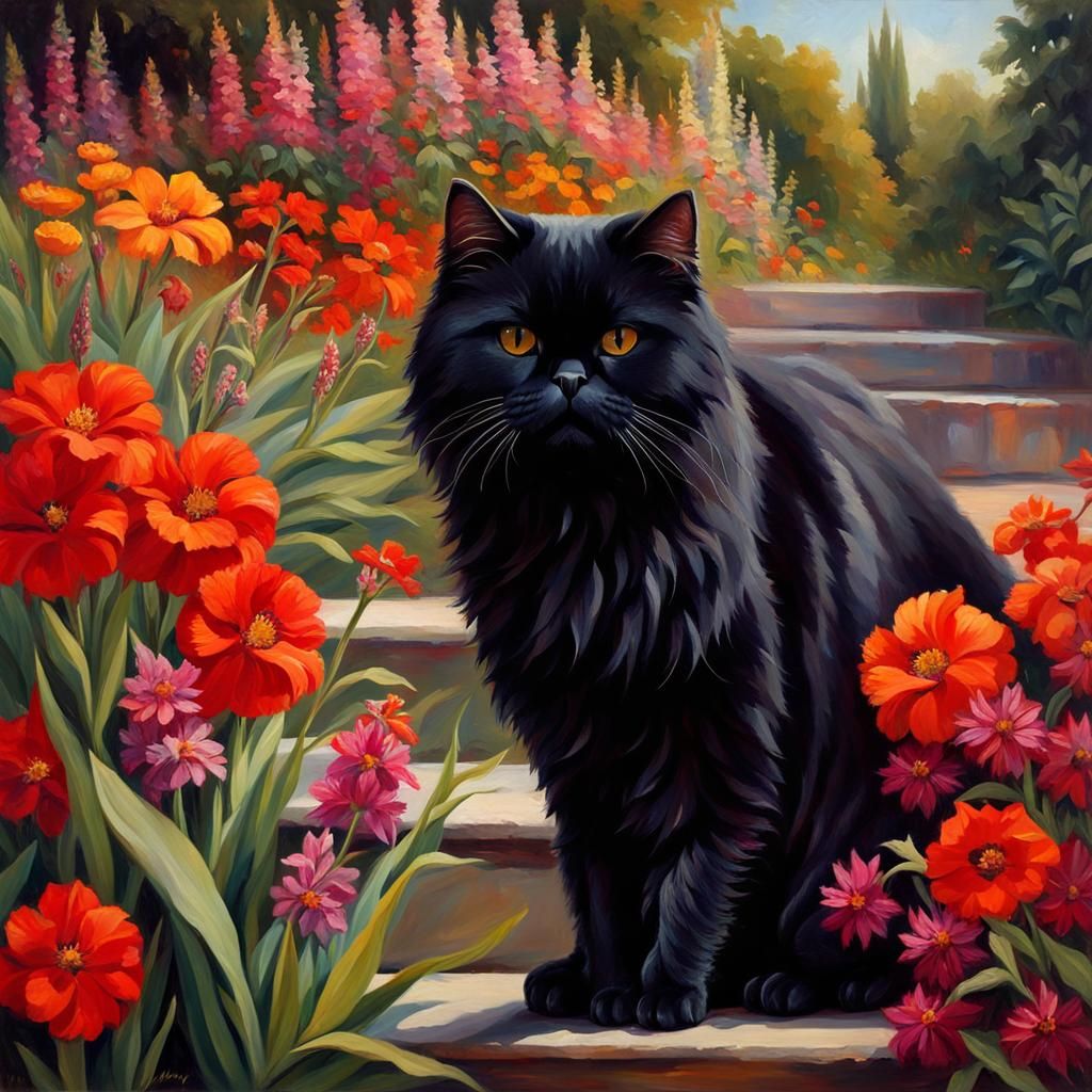 Oil painting, a black Persian cat