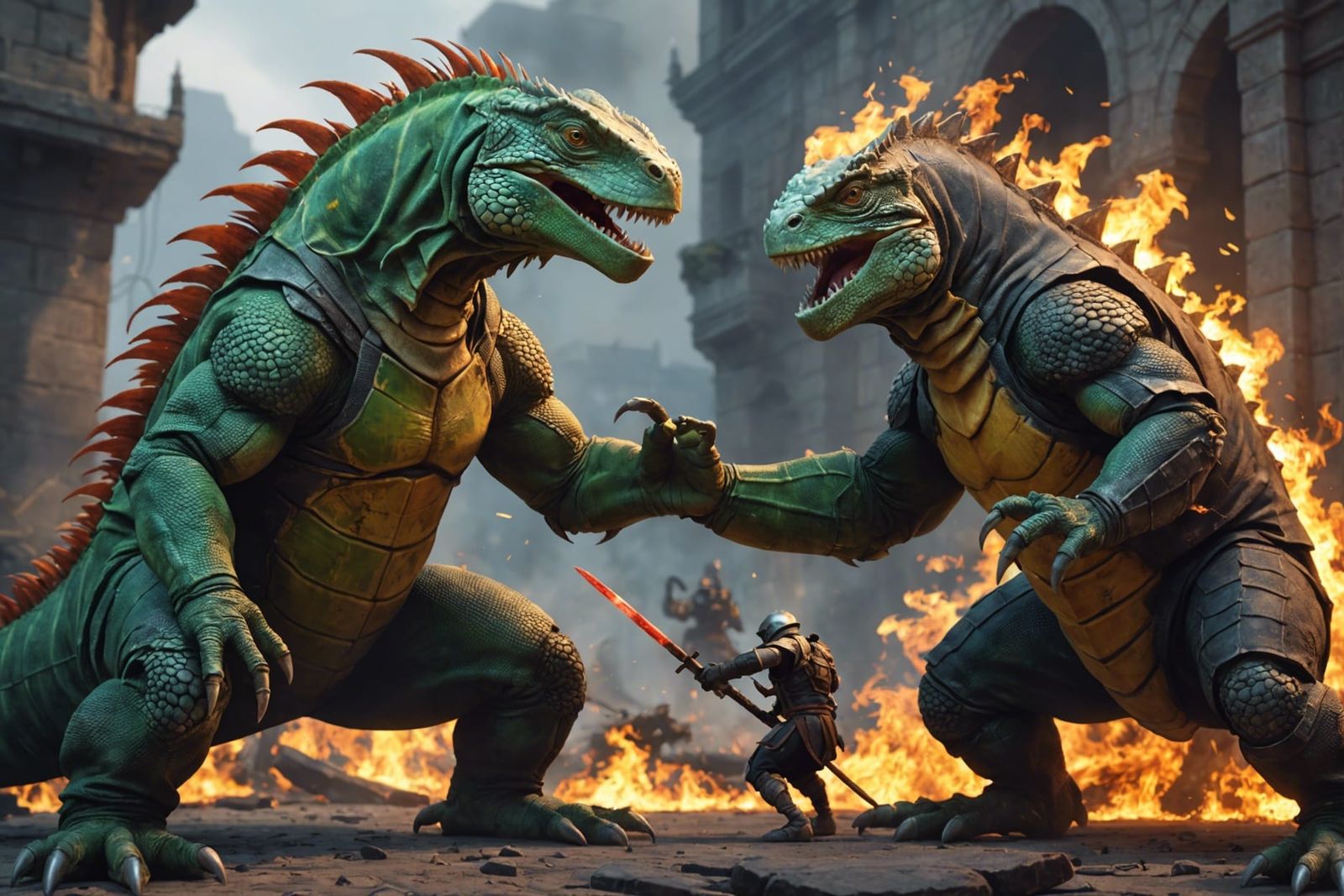 Iguana Fighting Fire Golem in 3D Anime Style