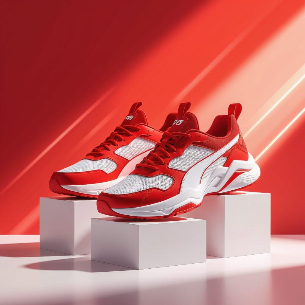 Red and White Sports Shoes on Red Podium