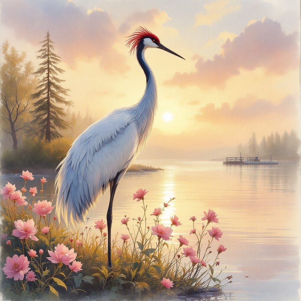 Elegant Crane in Soft Impressionist Light