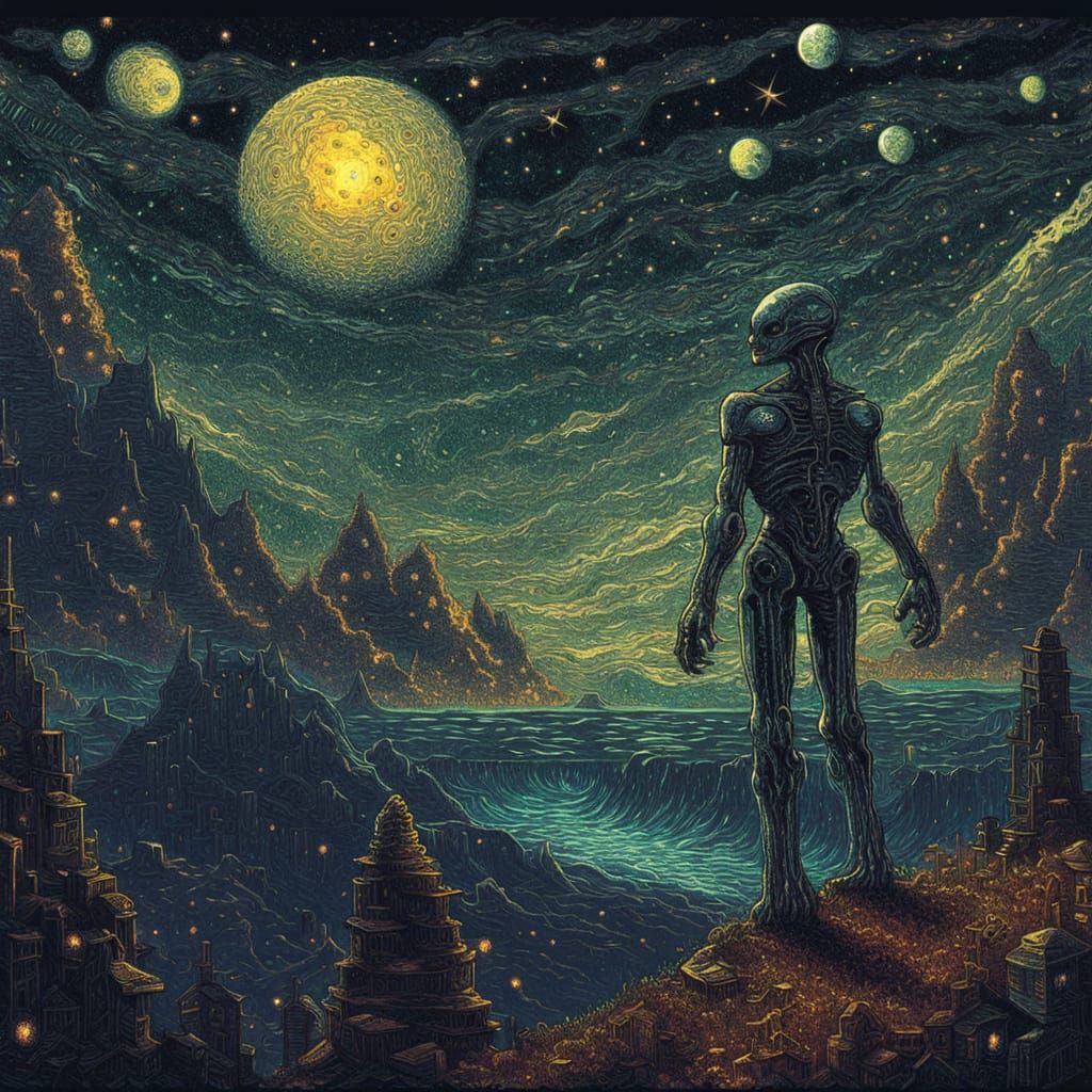 Fragmented Surrealism: Starry Night in Pixel Art