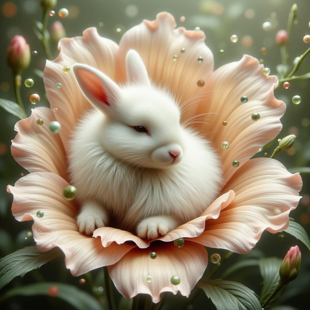 Whimsical Bunny in a Delicate Flower Petal