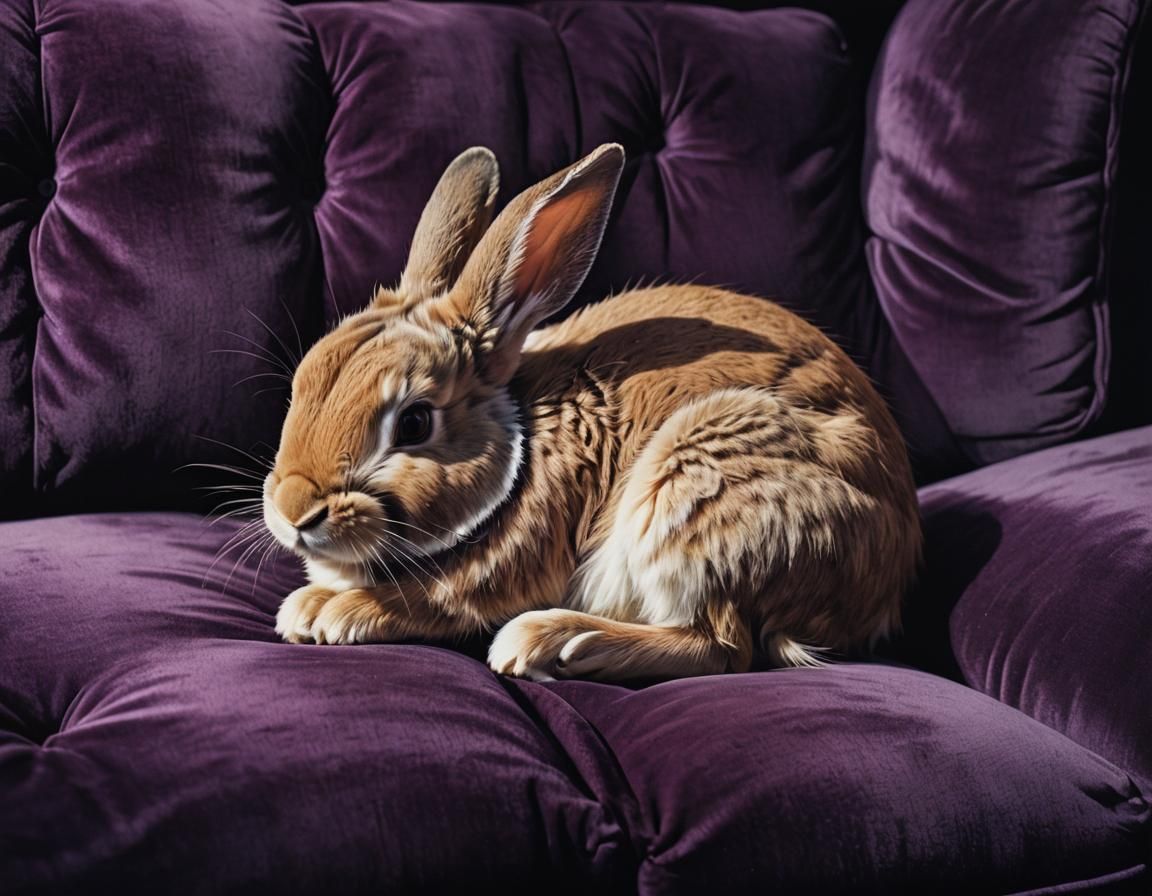Cute Bunny Asleep on Velvet Sofa in Dark Romanticism