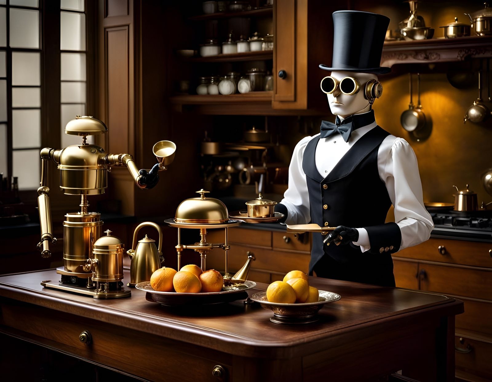 Steampunk Robot Butler in Golden Brocaded Velvet