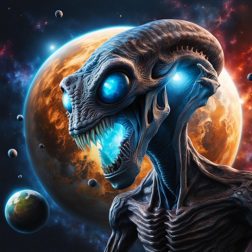 Hyperrealistic Alien Creature Eating a Planet