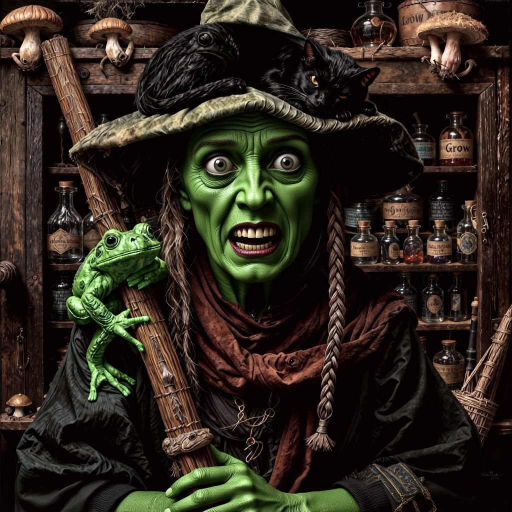 Vintage Witch with Toad and Potions in Atmospheric Light