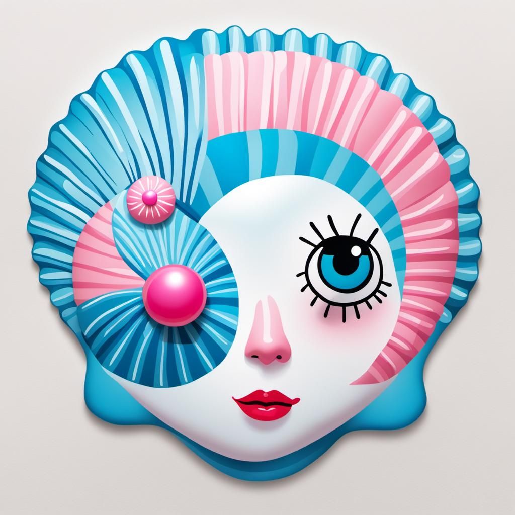 Blue Seashell with Pink Pearl in Cartoon Style