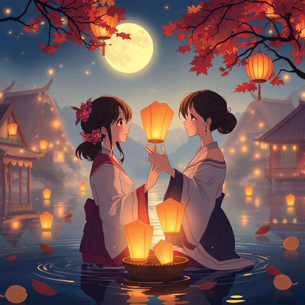 Romantic Loi Krathong Festival, Anime Illustration