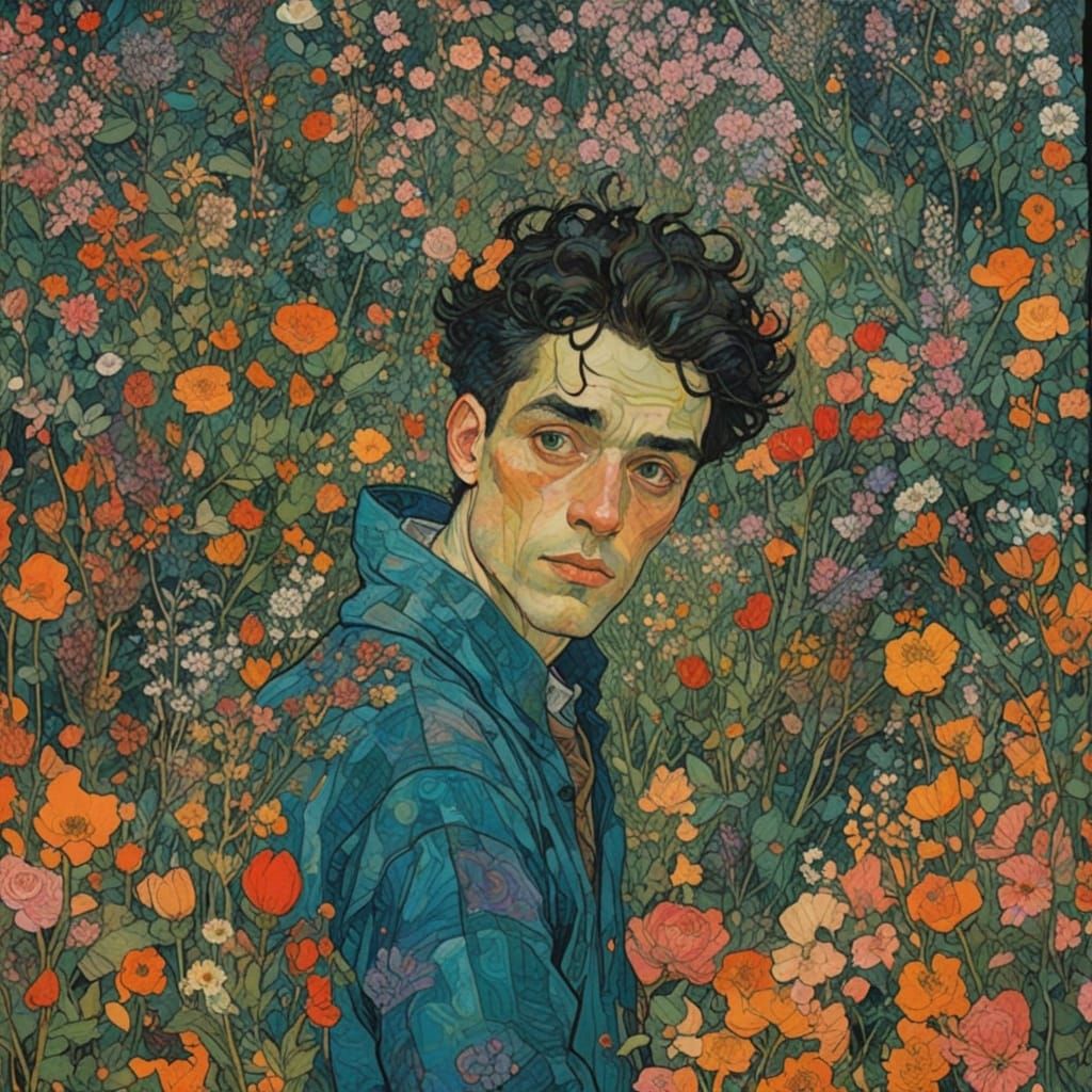 David Amidst Flowers in Vibrant Neon and Pastel Hues