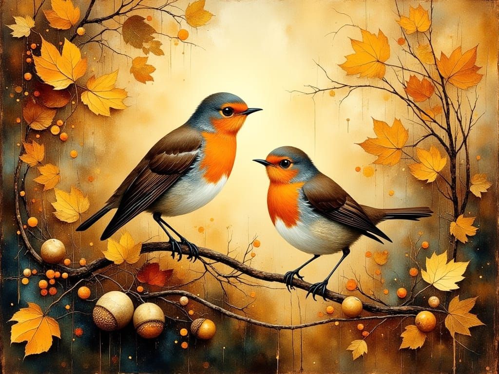 Autumnal Birds in Woodland Illustration with Gold Accents