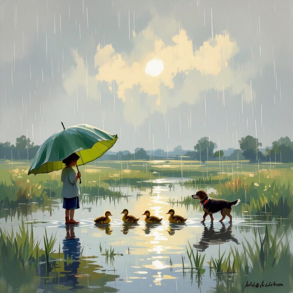 Child With Lotus Leaf, Duck Family, and Dog in Rain