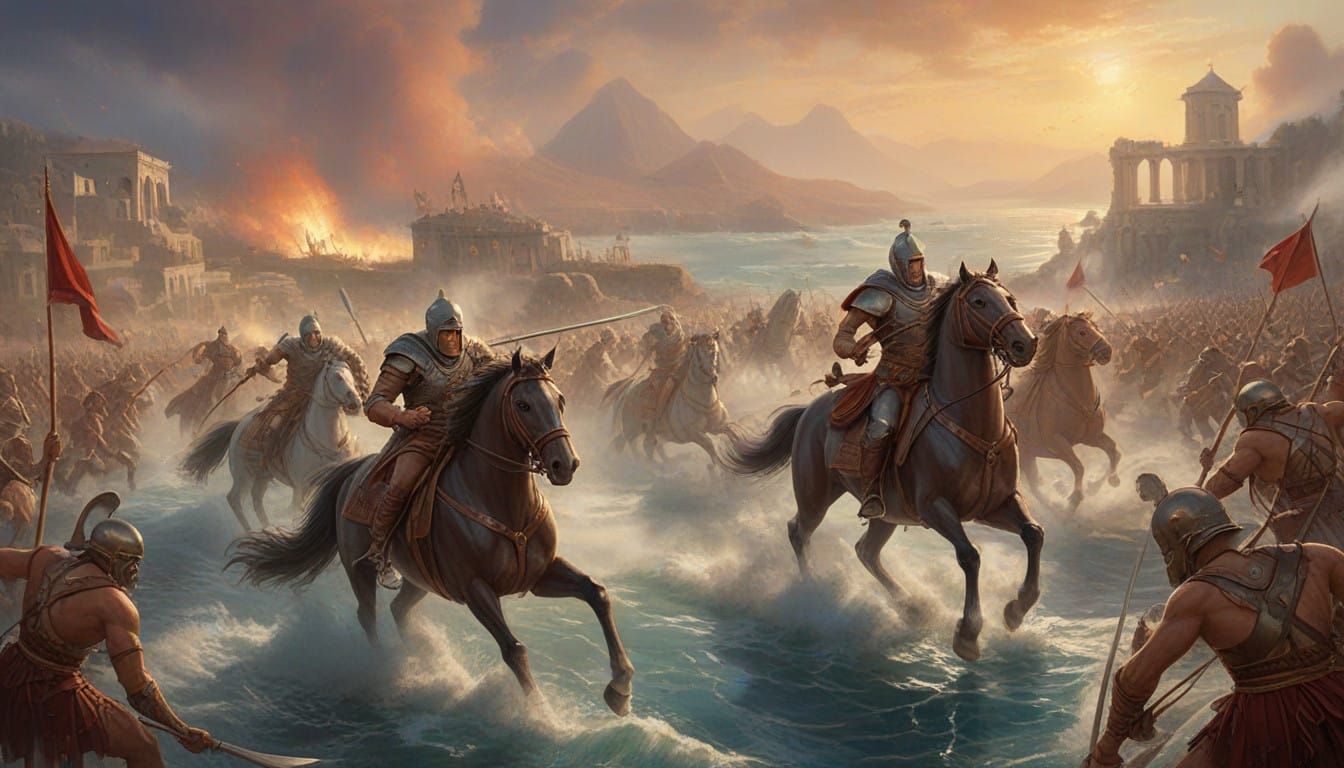 Ethereal Fantasy Greek Warriors Clash with Trojans in War