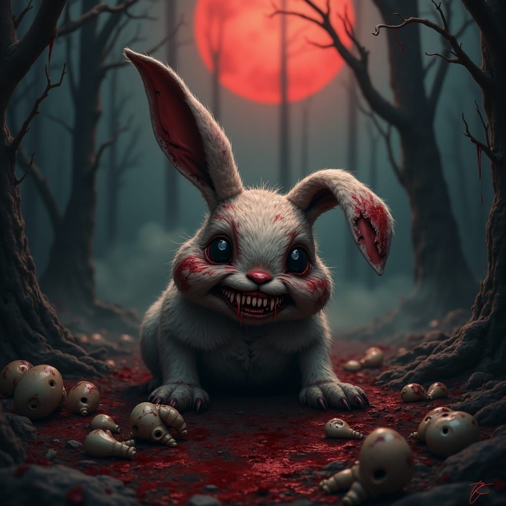 Blood-Soaked Bunny in Dim Forest, Gritty and Realistic