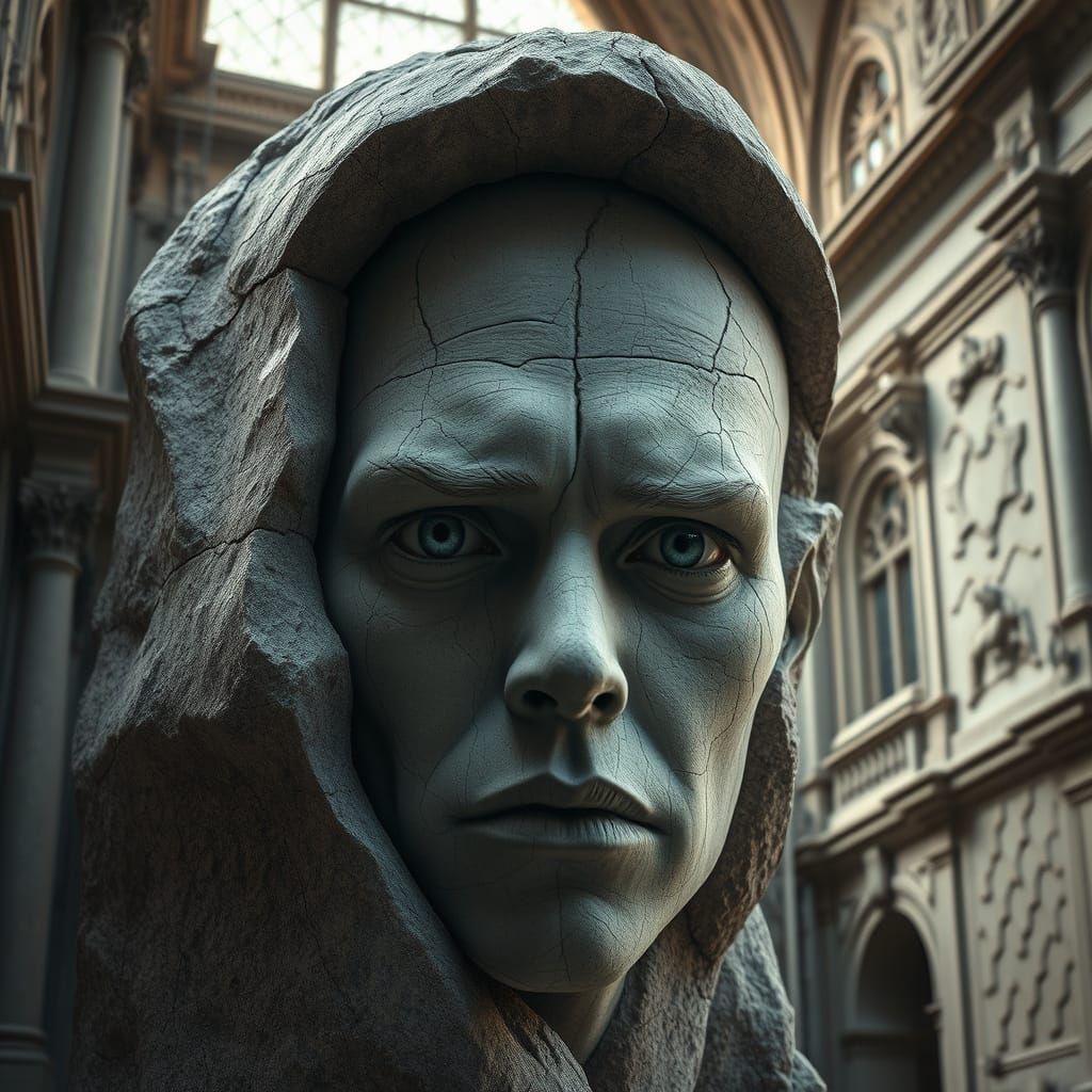 Stone Face Emerges from Louvre: Digital Art