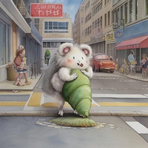 Anthropomorphic Caterpillar Crawling in City, Watercolour Il...
