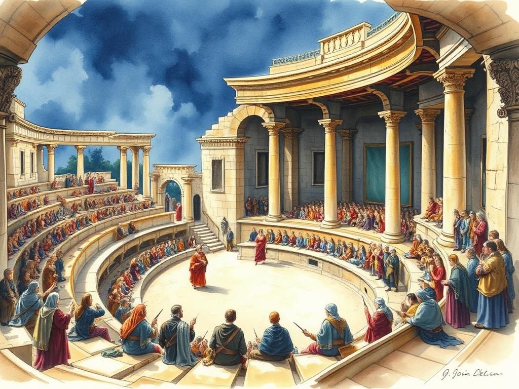 Ancient Greek Amphitheater Tragedy in Watercolor