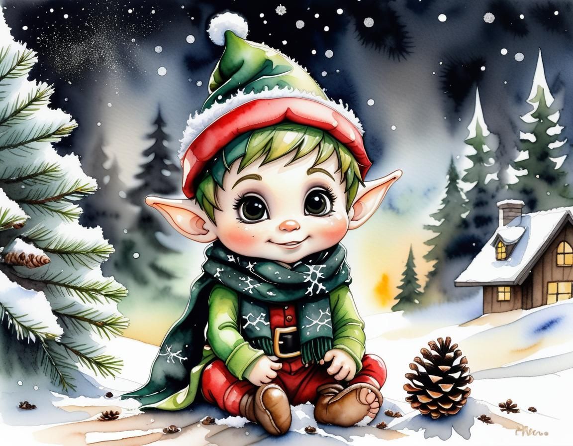 Warm Winter Wonderland Scene with Baby Christmas Elf