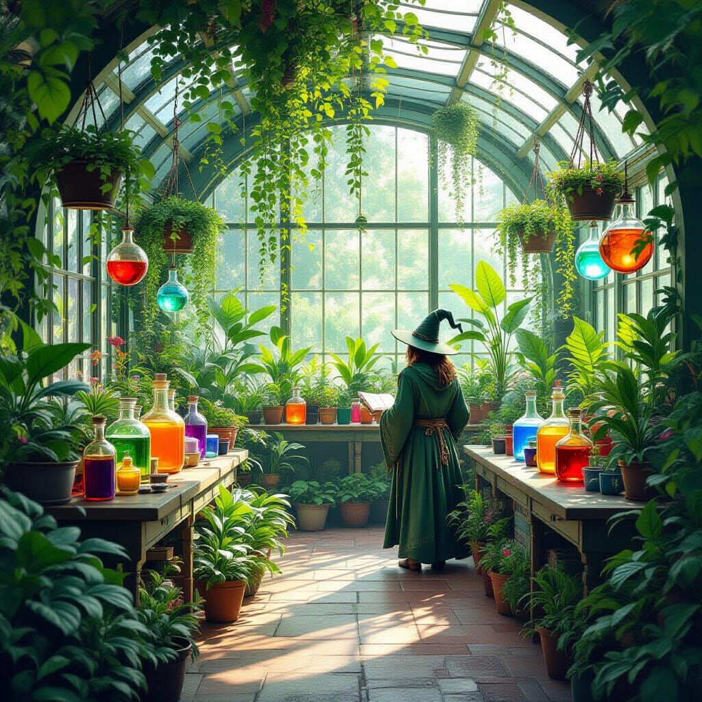 Enchanted Greenhouse with Magical Potions