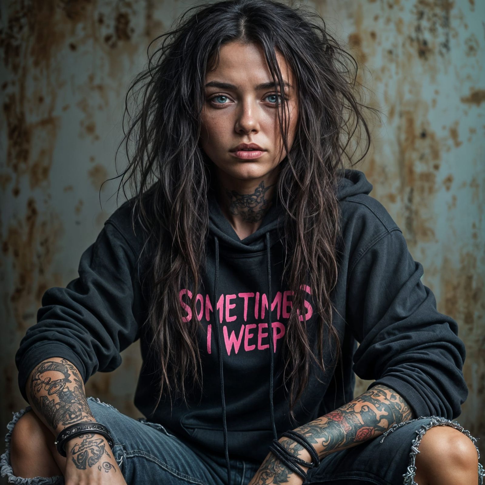 Exhausted Woman with Tattoos and Piercings