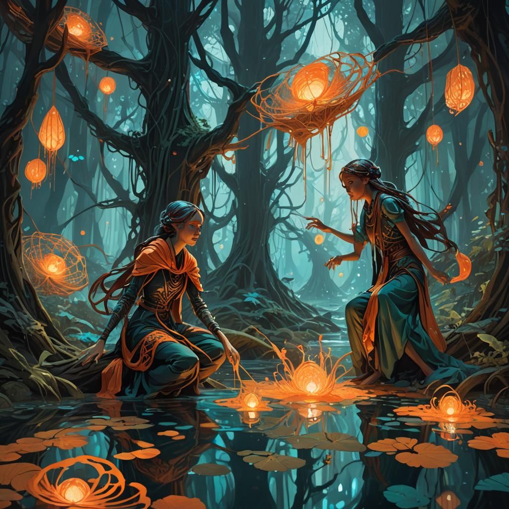 Arachnid Women Weaving Water Fabrics in Bioluminescent Fores...