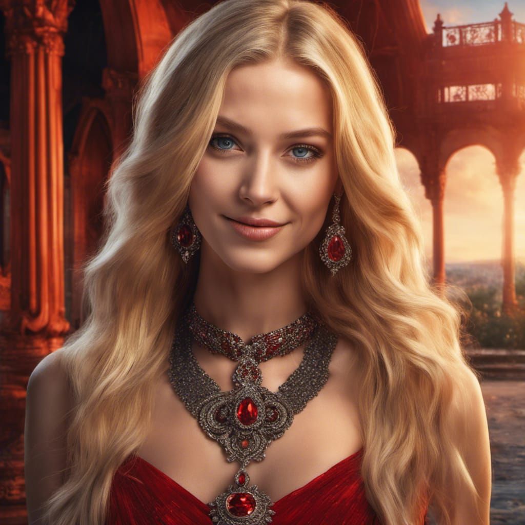 Stunning Young Lady in Red Dress, Digital Painting