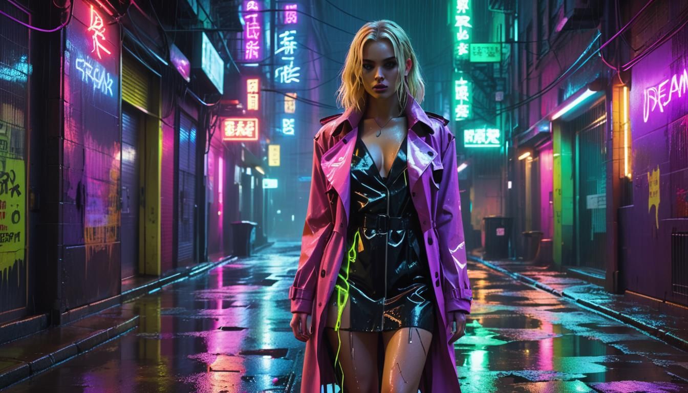 Neon Cyberpunk Girl in Rainy Cityscape