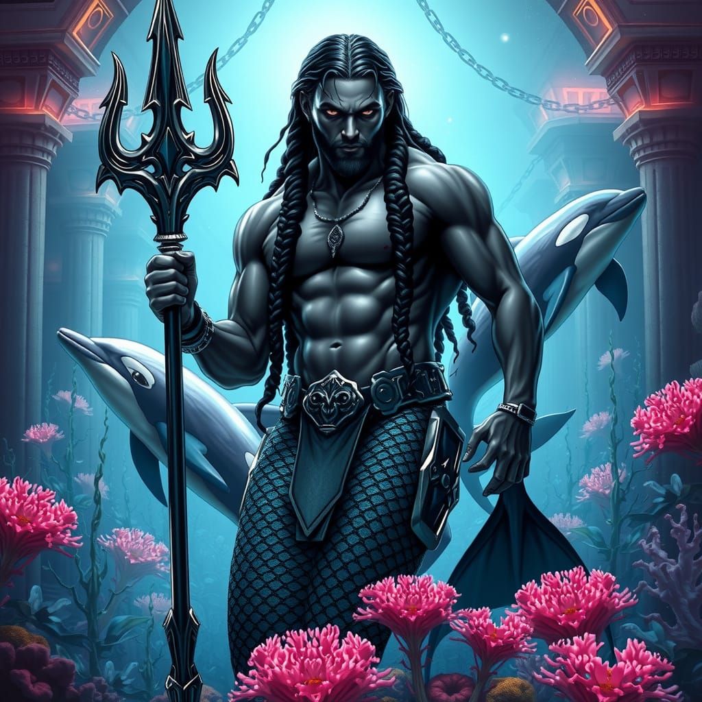 Poseidon Merman in Biomechanical Atlantis with Dolphins