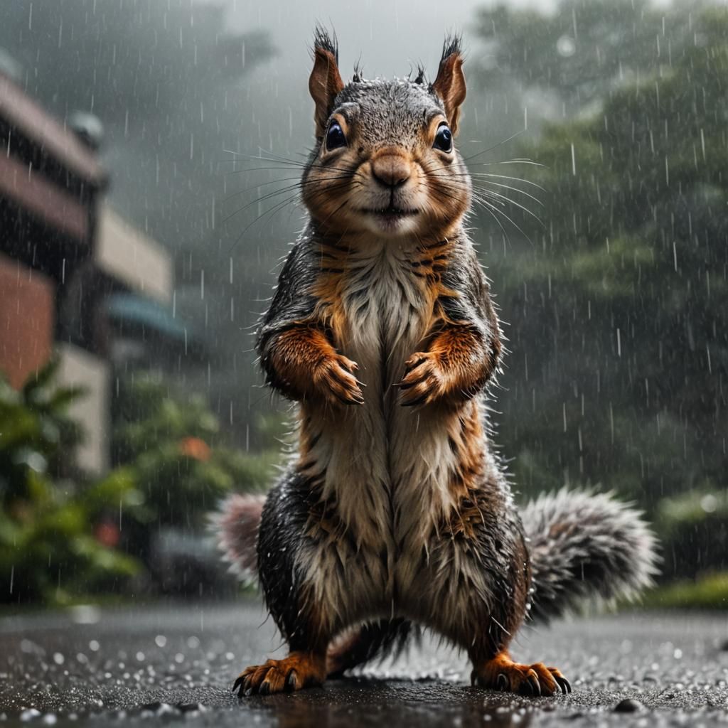 Squirrel Superhero Pose in Rain: Photorealistic Digital Art