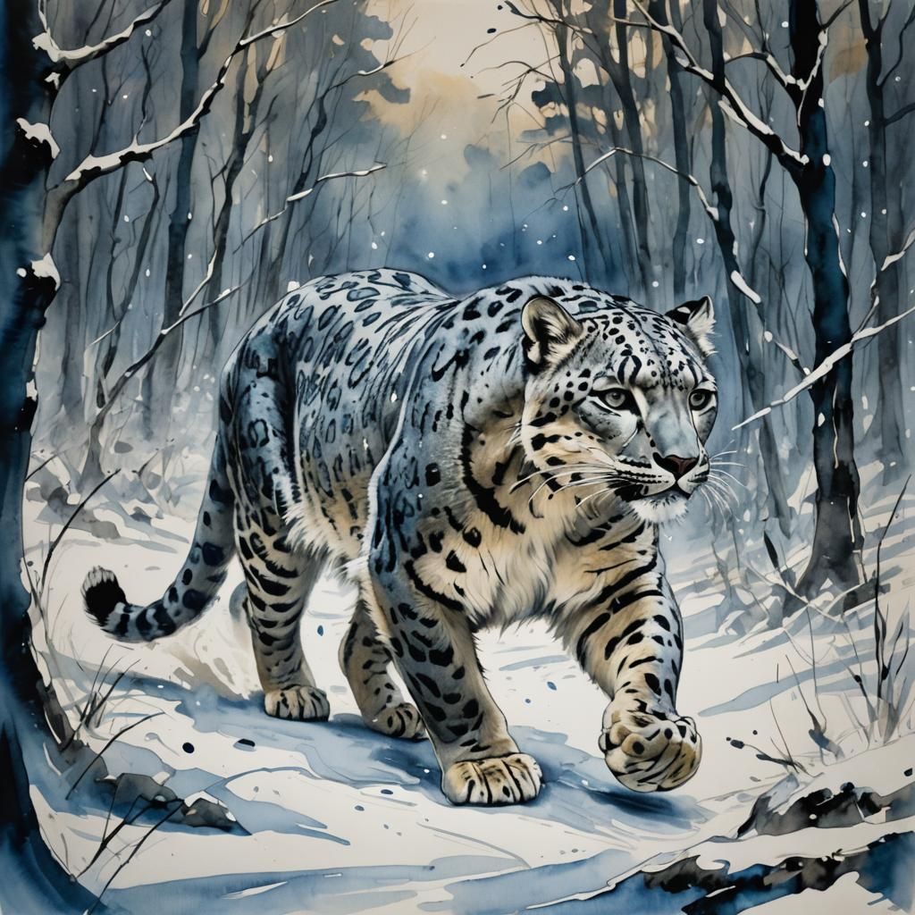 Snow Leopard Striding in Dark Woods: Ink Impressionism