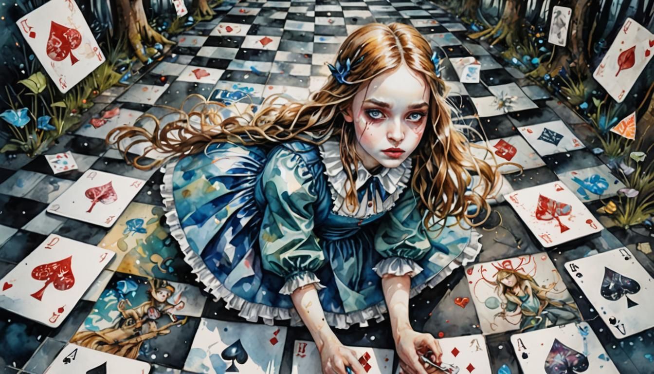 Alice in Wonderland on Checkered Road, Watercolour Style