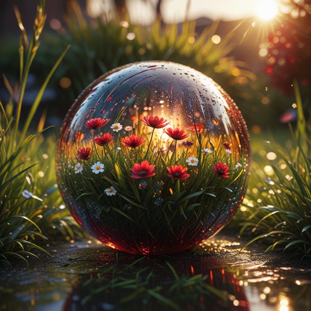 Reflective Spring Rain Scene in Chrome Sphere