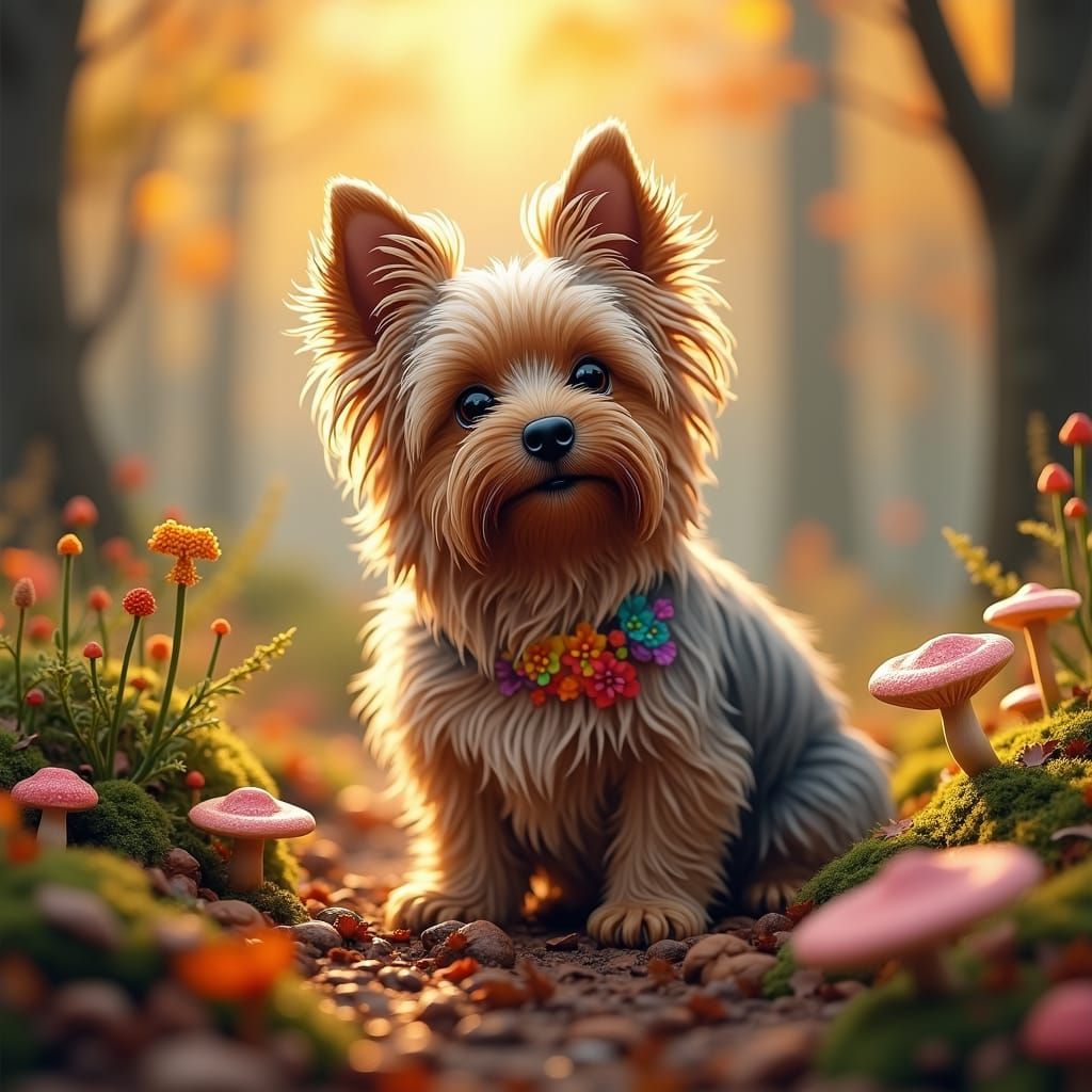 Yorkie in Autumn Forest with Rainbow Flowers
